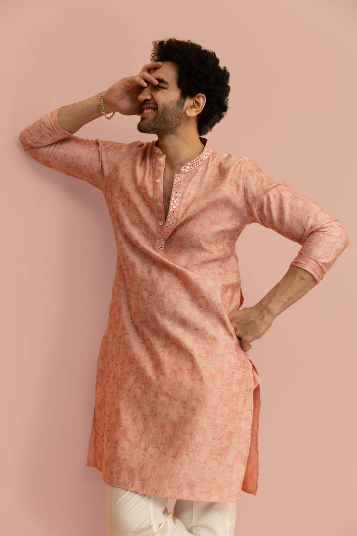 Peach Paisley Print Mirror Work Kurta | SHOBITAM