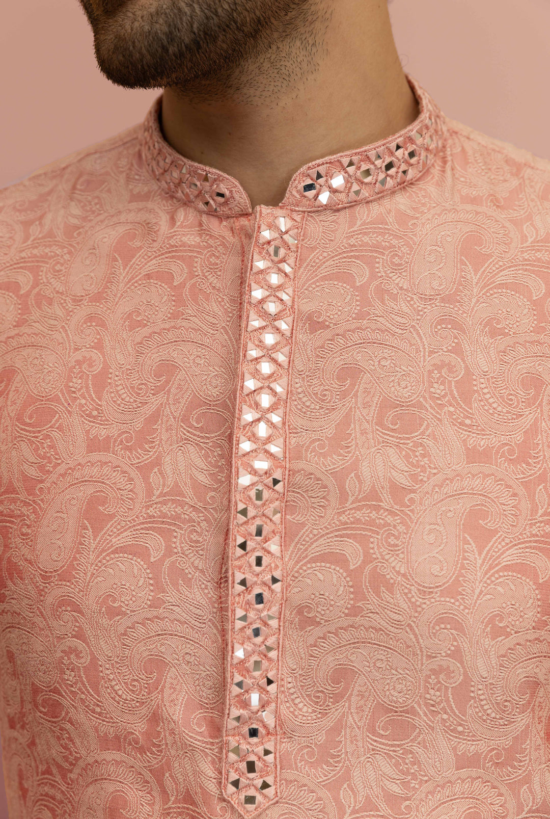 Peach Paisley Print Mirror Work Kurta | SHOBITAM