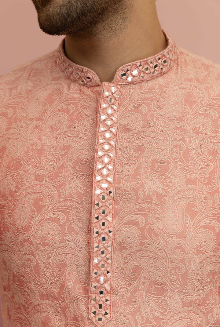 Peach Paisley Print Mirror Work Kurta | SHOBITAM