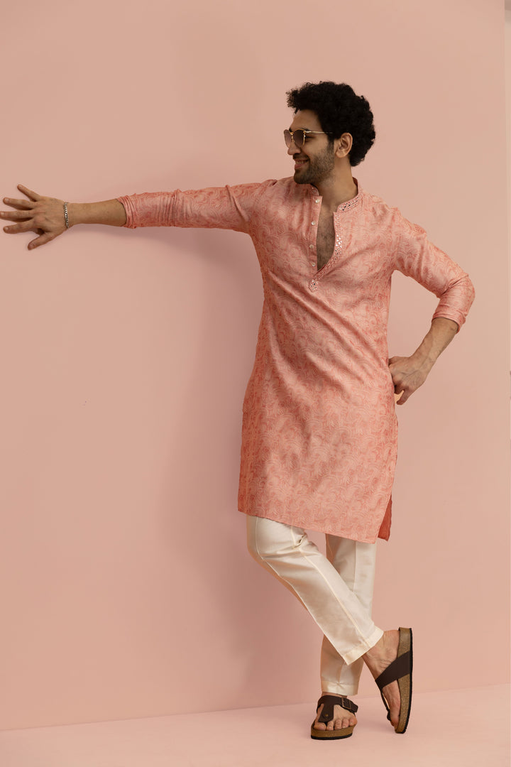 Peach Paisley Print Mirror Work Kurta | SHOBITAM