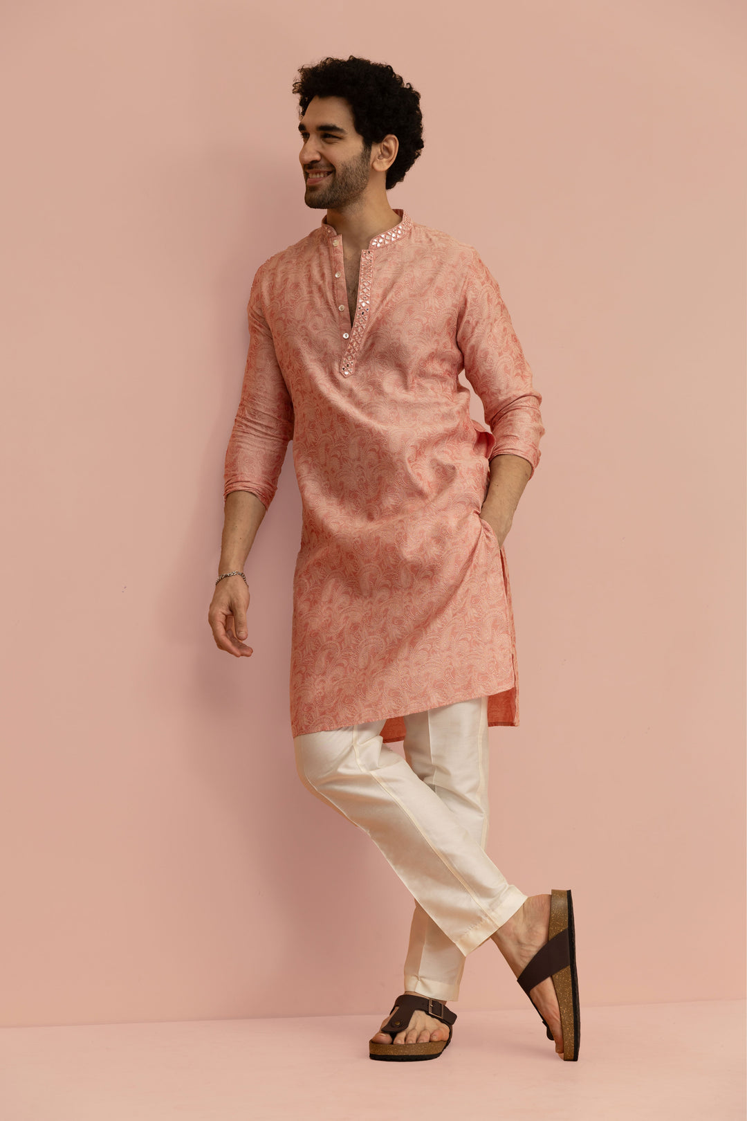 Peach Paisley Print Mirror Work Kurta | SHOBITAM