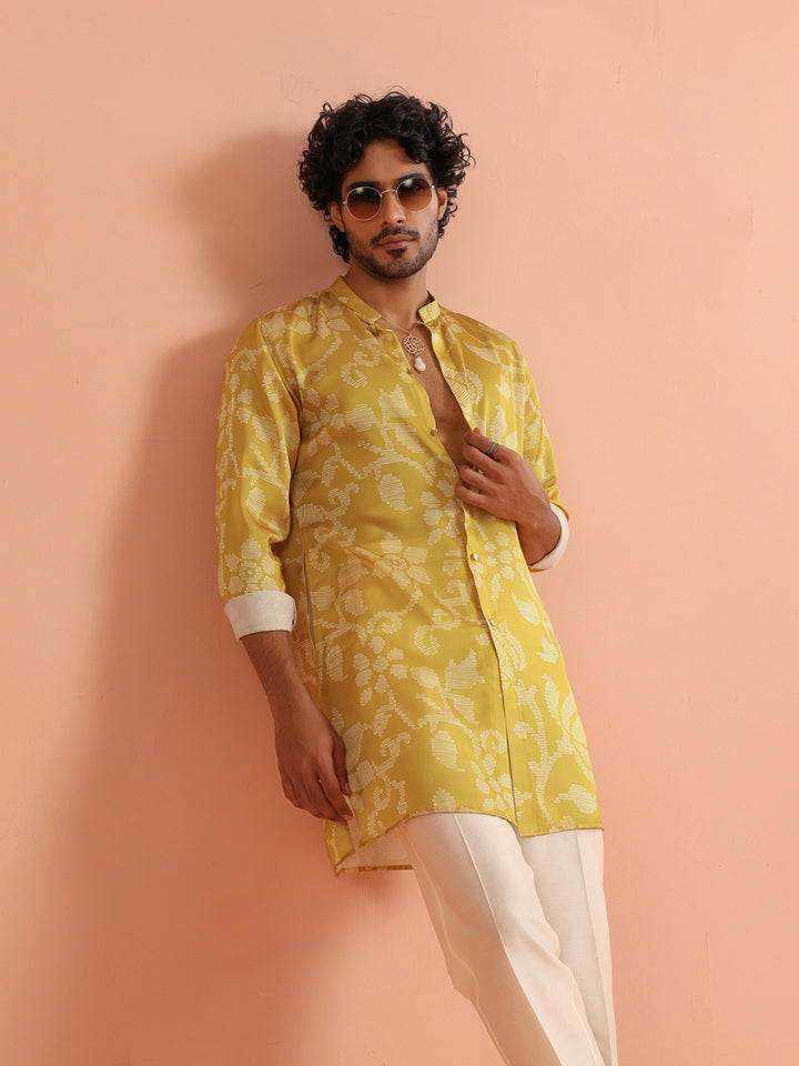 Yellow Art Silk Front Open Mid Kurta For Men | SHOBITAM