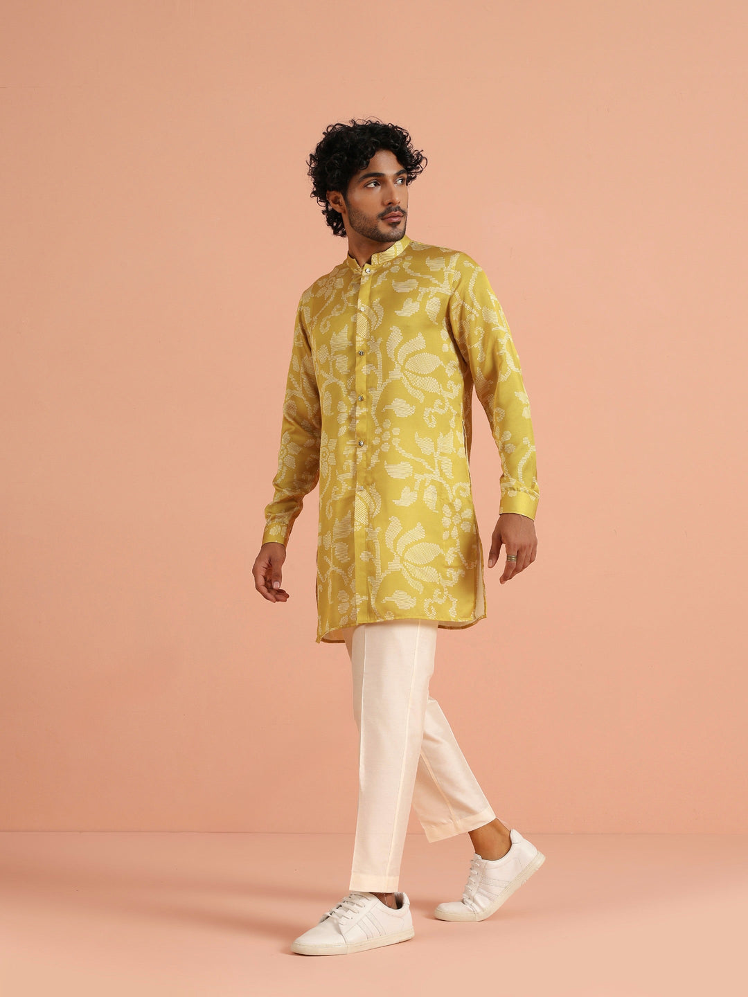Yellow Art Silk Front Open Mid Kurta For Men | SHOBITAM