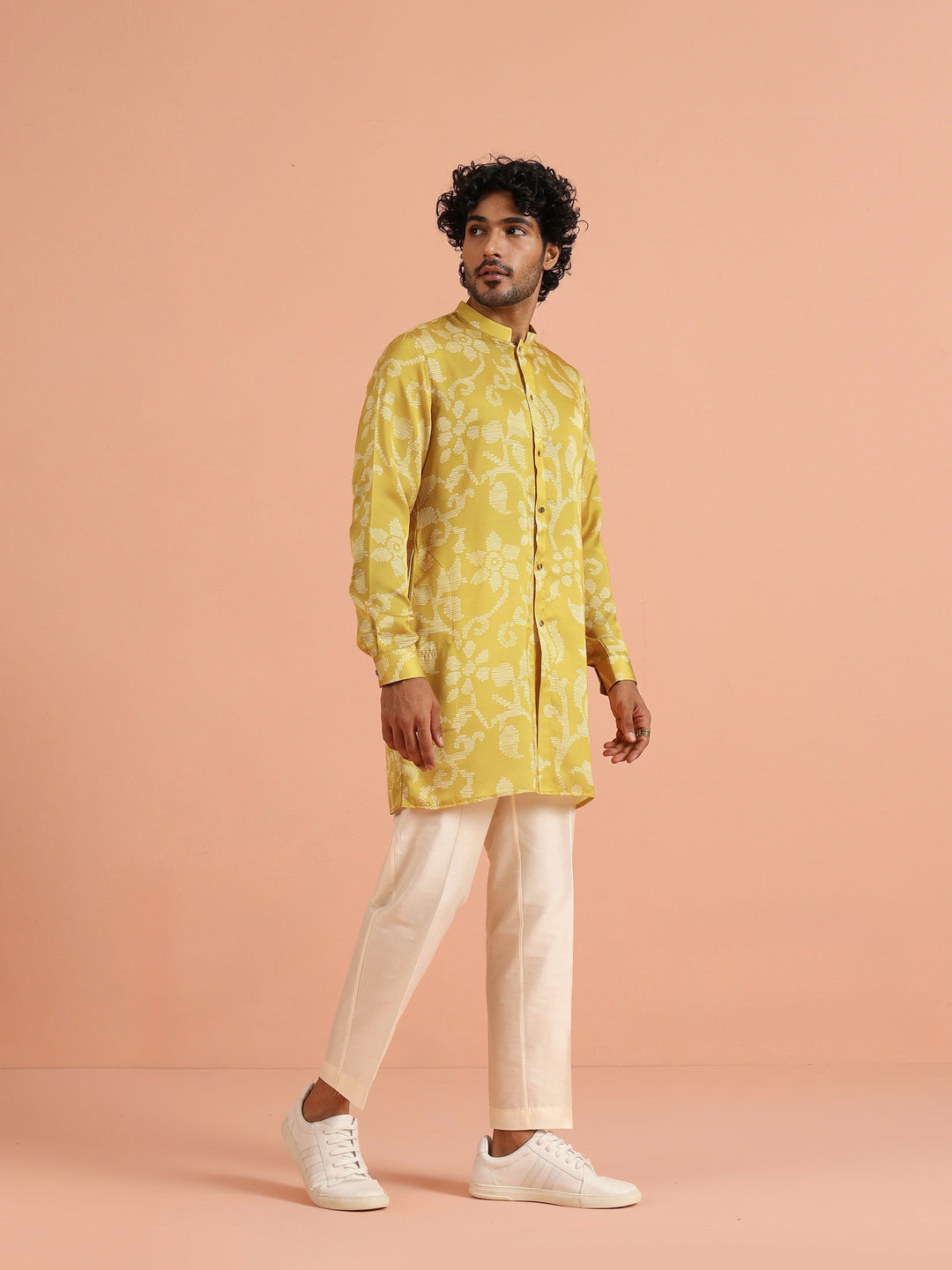 Yellow Art Silk Front Open Mid Kurta For Men | SHOBITAM