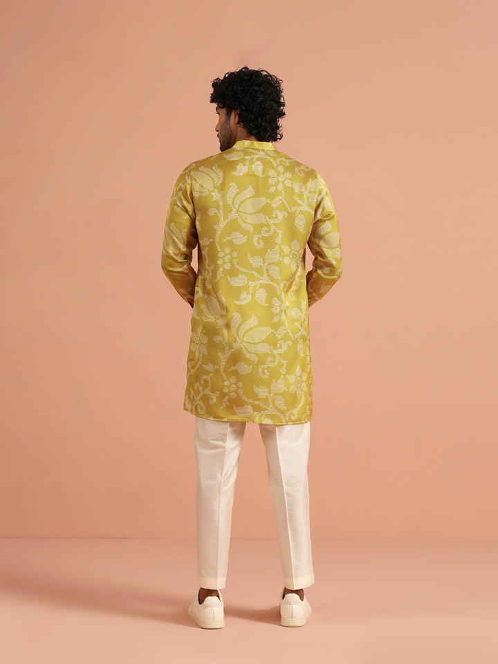 Yellow Art Silk Front Open Mid Kurta For Men | SHOBITAM
