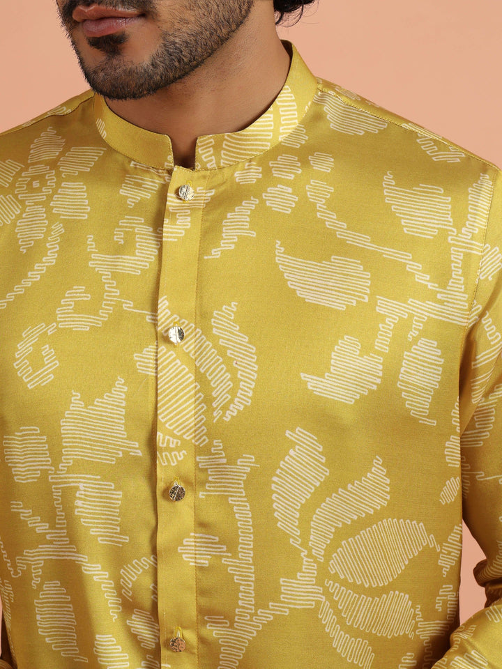 Yellow Art Silk Front Open Mid Kurta For Men | SHOBITAM