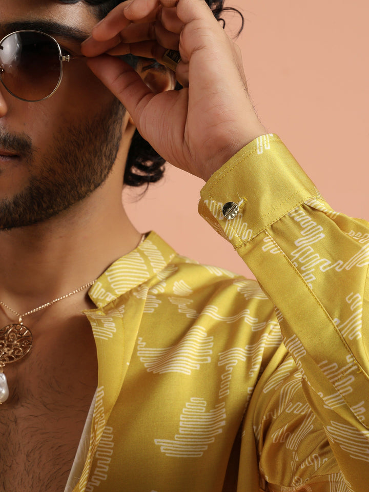 Yellow Art Silk Front Open Mid Kurta For Men | SHOBITAM