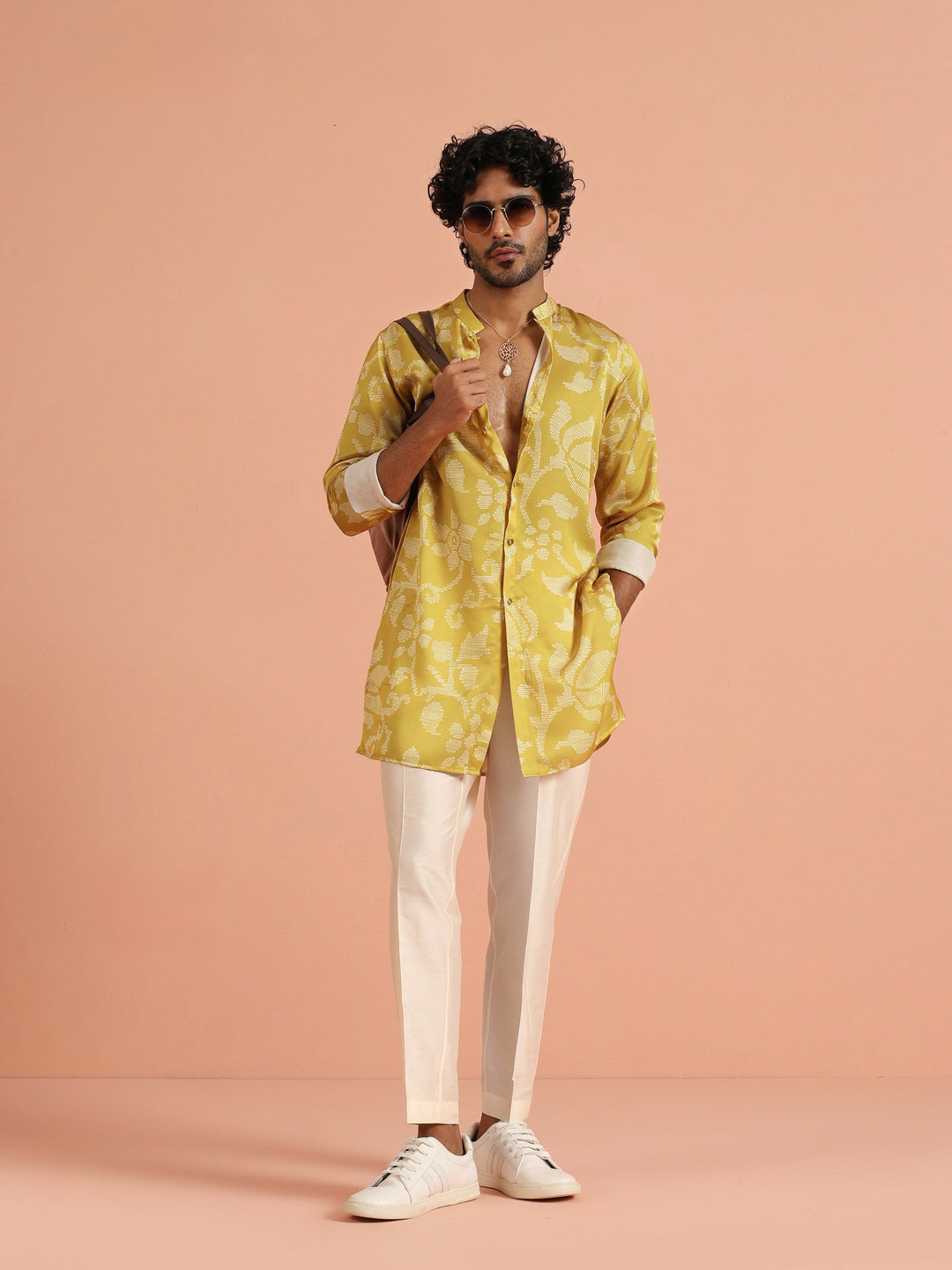 Yellow Art Silk Front Open Mid Kurta For Men | SHOBITAM