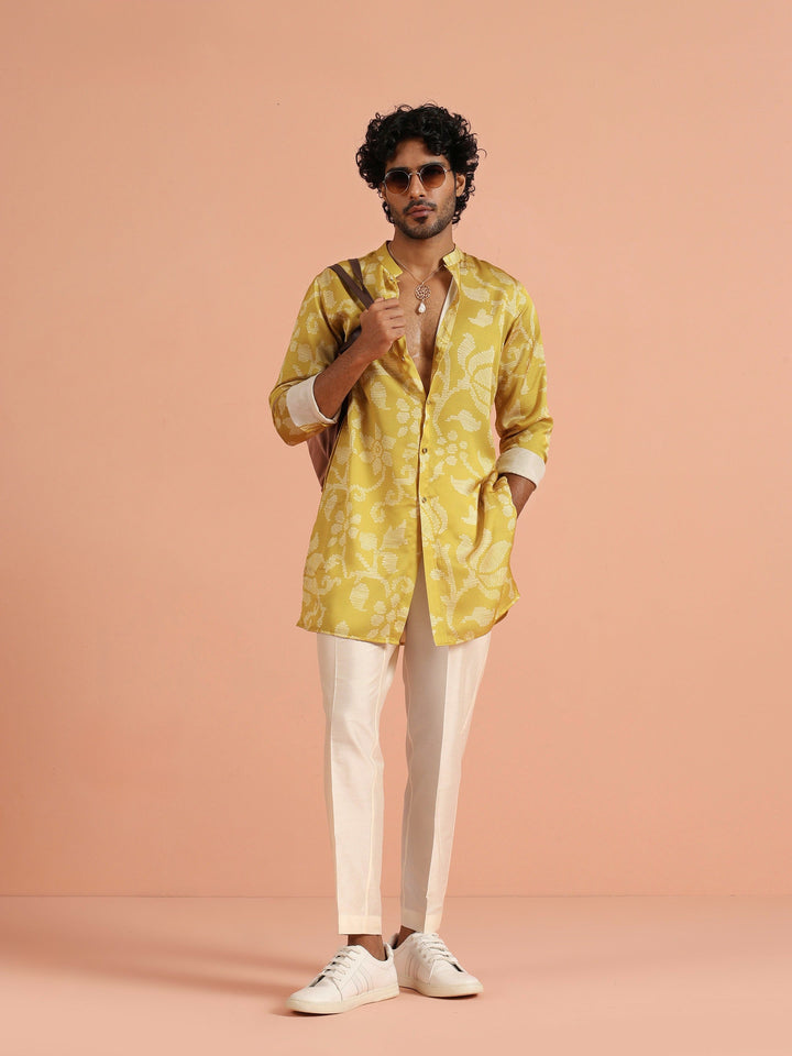 Yellow Art Silk Front Open Mid Kurta For Men | SHOBITAM