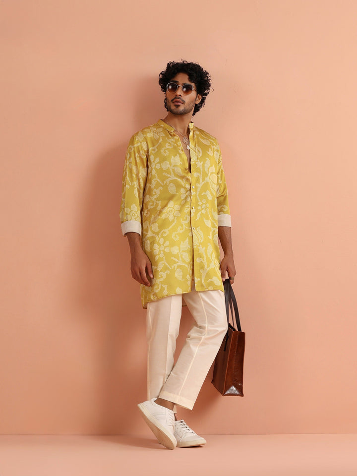 Yellow Art Silk Front Open Mid Kurta For Men | SHOBITAM