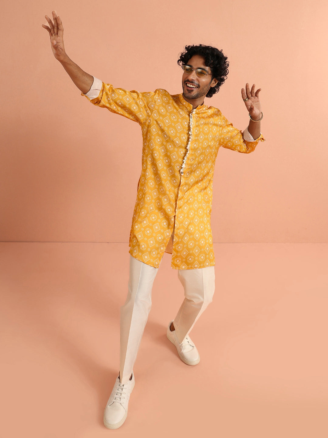 Polyviscose Mustard Bandhani Printed Mid Kurta | SHOBITAM