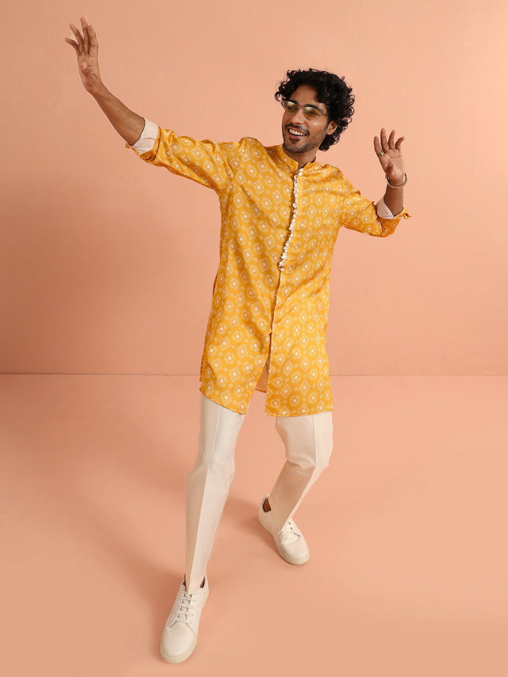 Polyviscose Mustard Bandhani Printed Mid Kurta | SHOBITAM