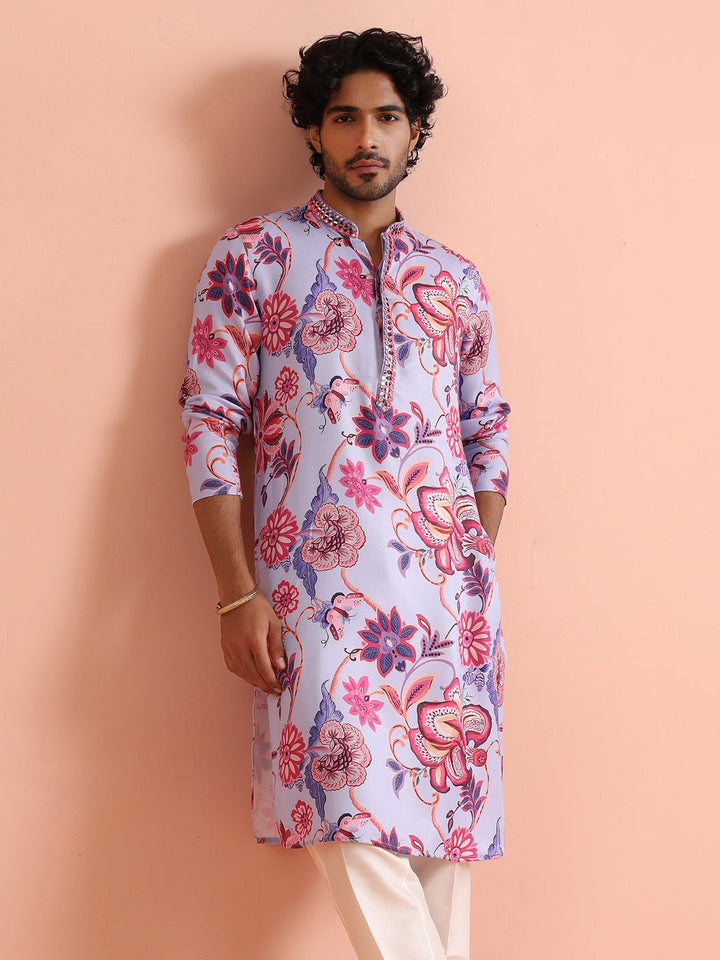 Lilac Floral Printed Kurta For Men | SHOBITAM
