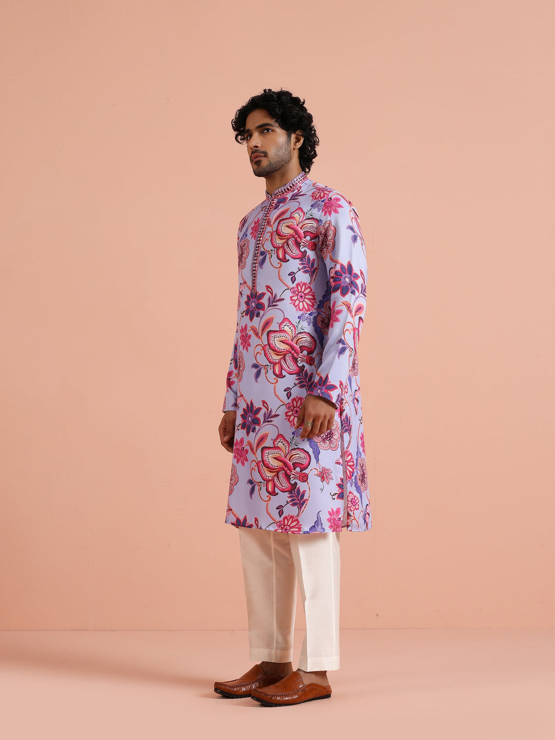 Lilac Floral Printed Kurta For Men | SHOBITAM