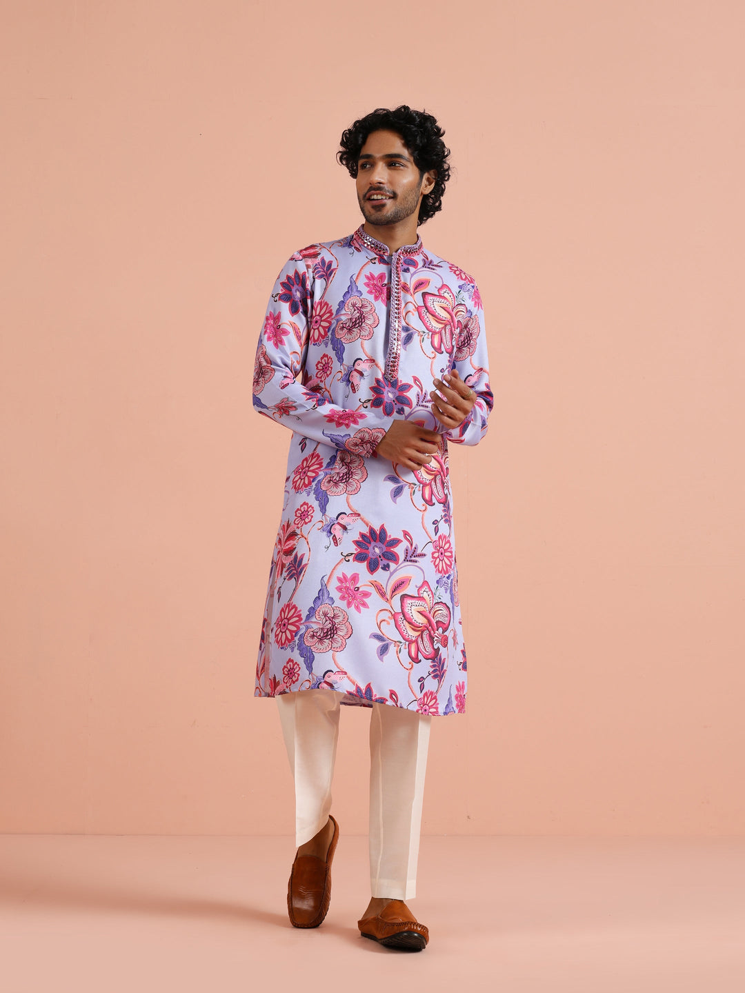 Lilac Floral Printed Kurta For Men | SHOBITAM