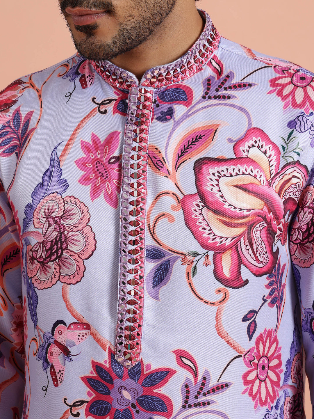 Lilac Floral Printed Kurta For Men | SHOBITAM