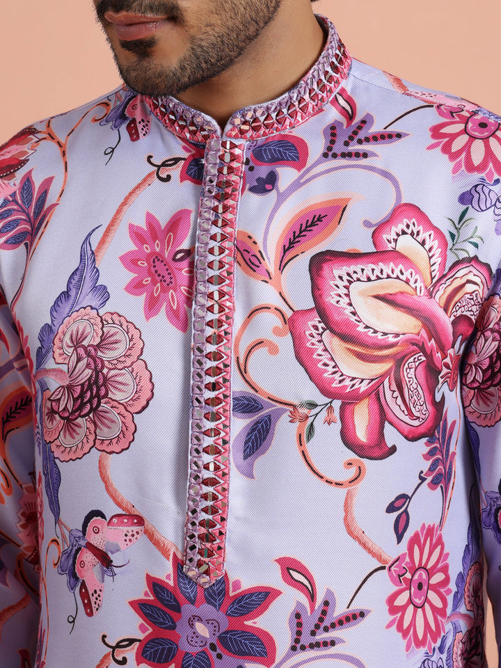 Lilac Floral Printed Kurta For Men | SHOBITAM