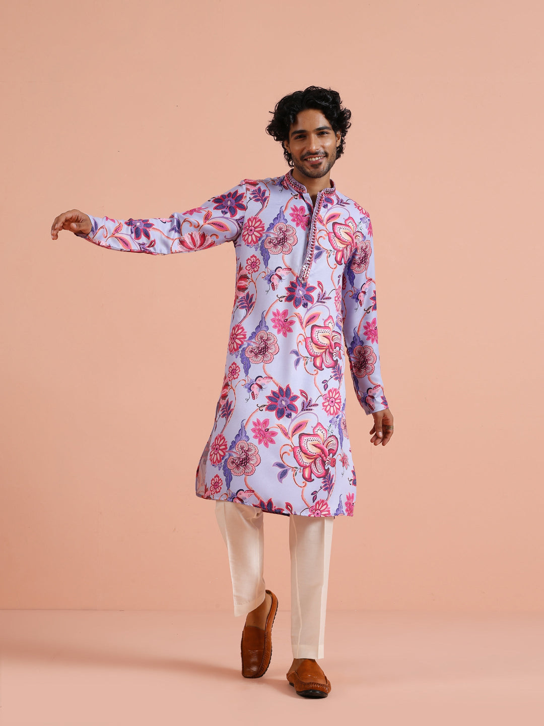 Lilac Floral Printed Kurta For Men | SHOBITAM