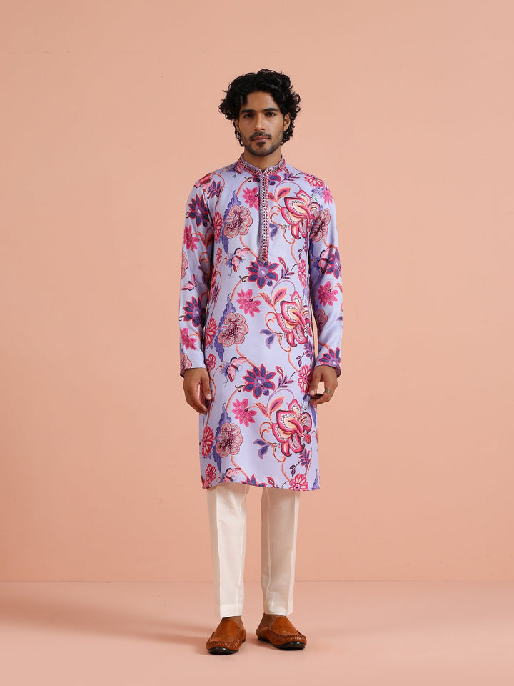 Lilac Floral Printed Kurta For Men | SHOBITAM