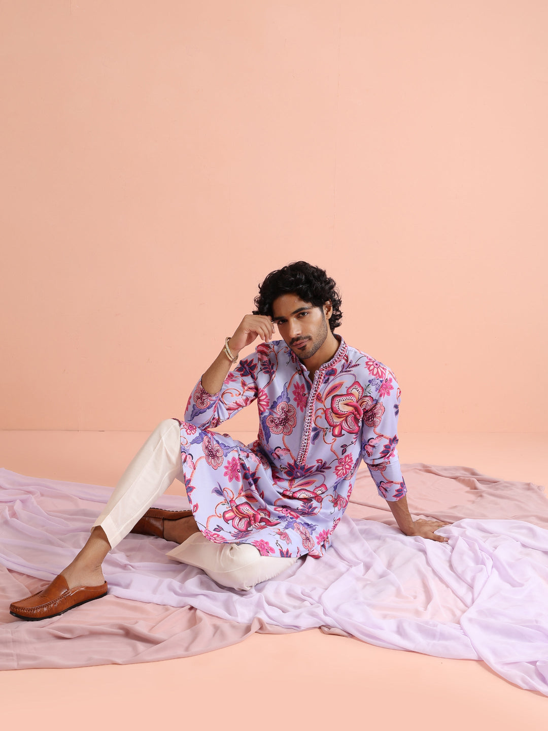 Lilac Floral Printed Kurta For Men | SHOBITAM