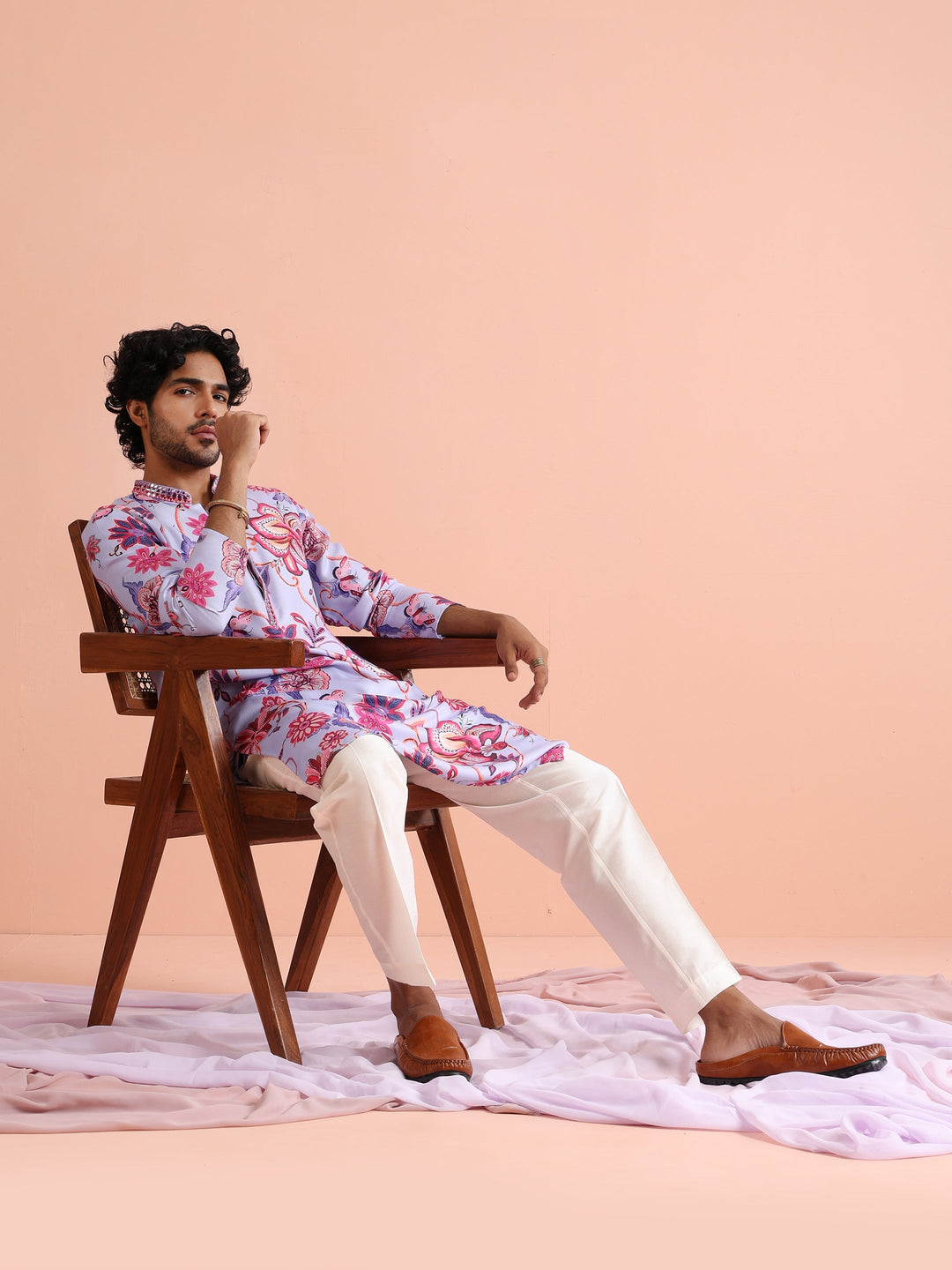 Lilac Floral Printed Kurta For Men | SHOBITAM