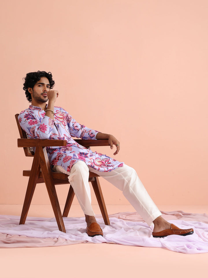 Lilac Floral Printed Kurta For Men | SHOBITAM
