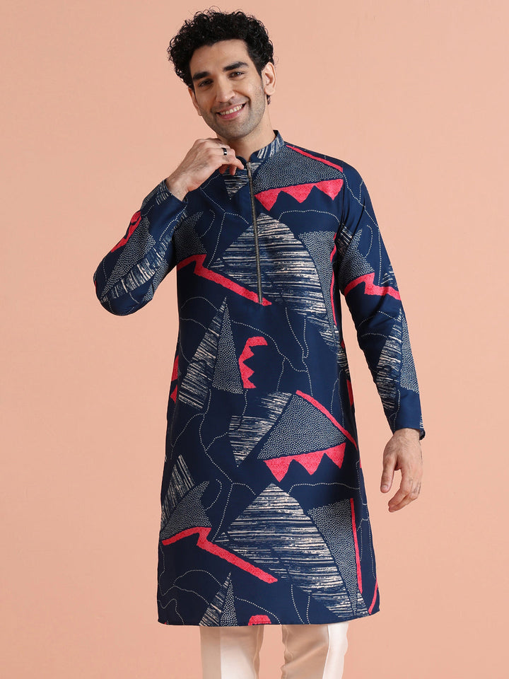 Navy Kurta with Abstract Red Print | SHOBITAM