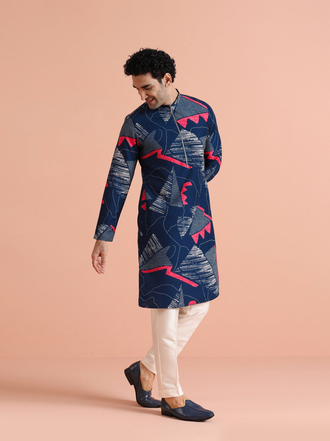 Navy Kurta with Abstract Red Print | SHOBITAM