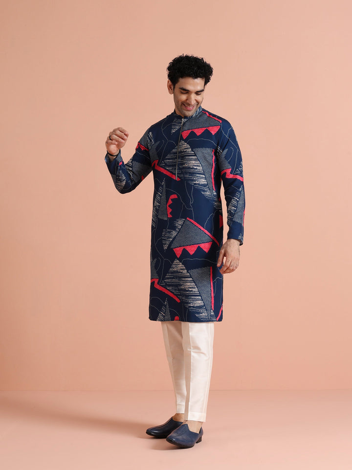 Navy Kurta with Abstract Red Print | SHOBITAM