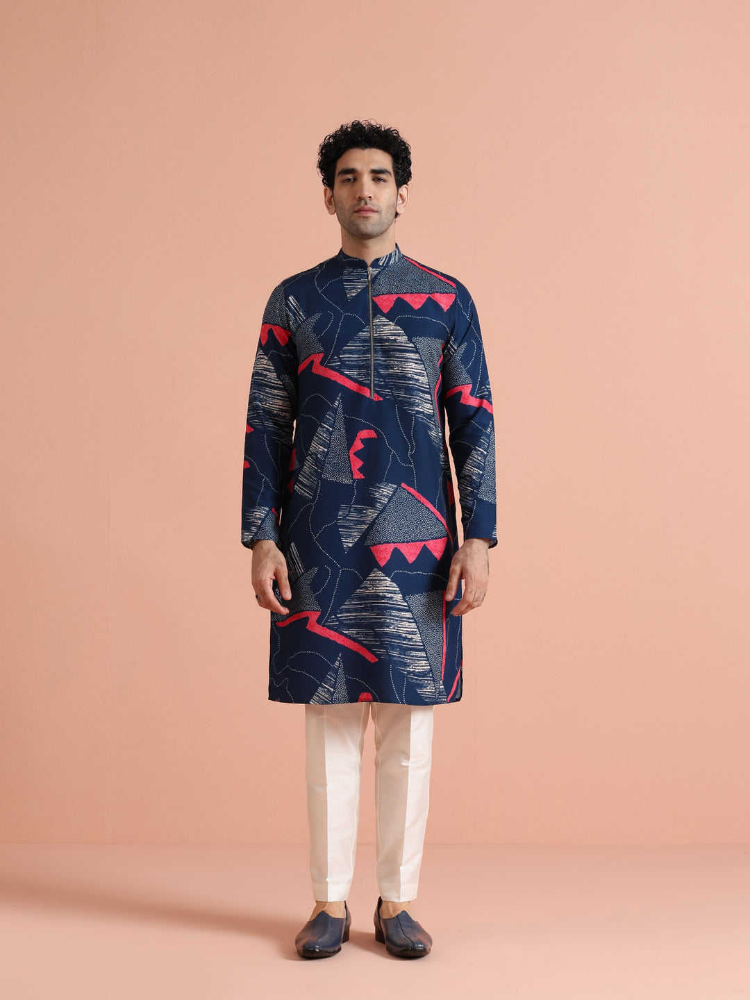 Navy Kurta with Abstract Red Print | SHOBITAM
