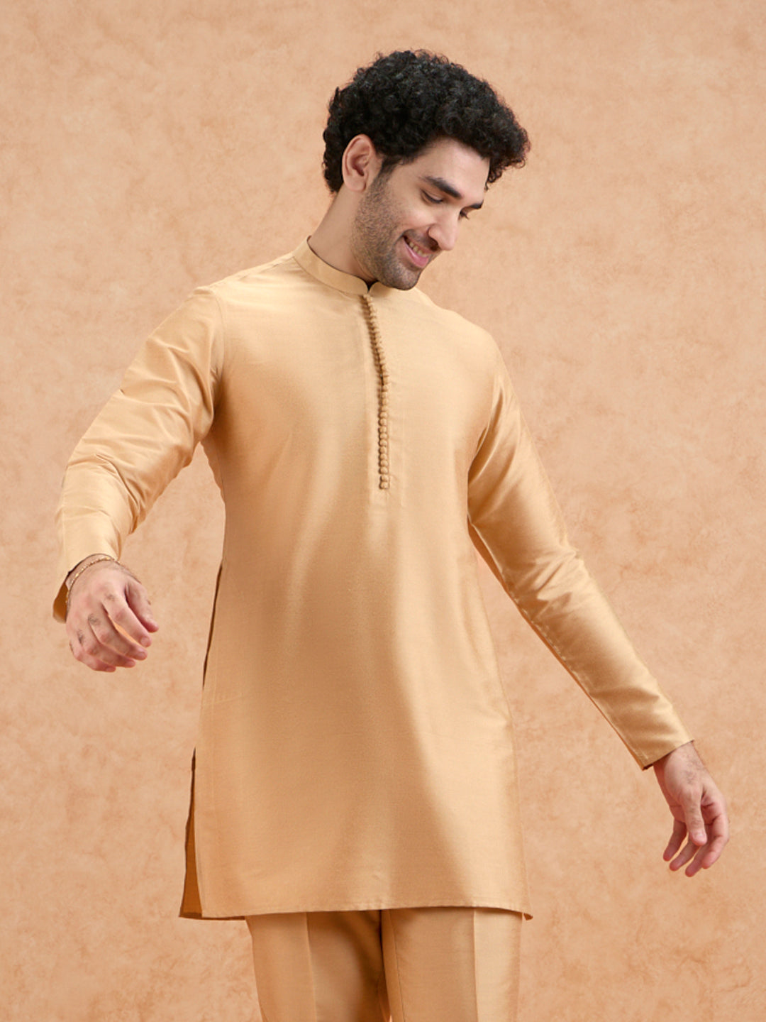 Golden Poly Silk Solid Mid Kurta For Men | SHOBITAM