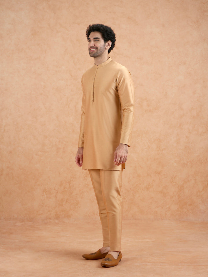 Golden Poly Silk Solid Mid Kurta For Men | SHOBITAM