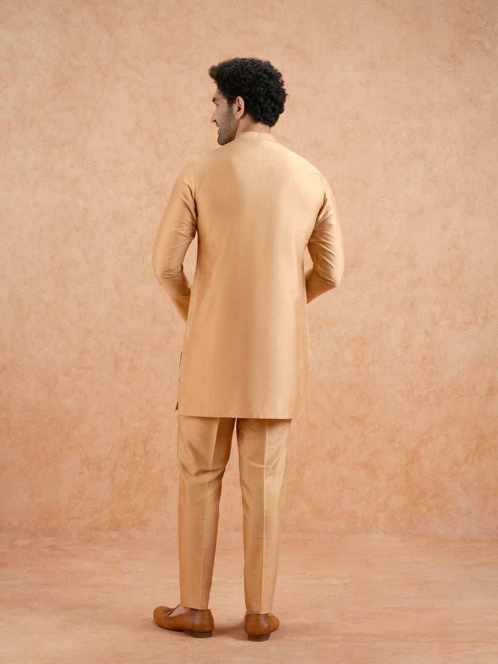 Golden Poly Silk Solid Mid Kurta For Men | SHOBITAM