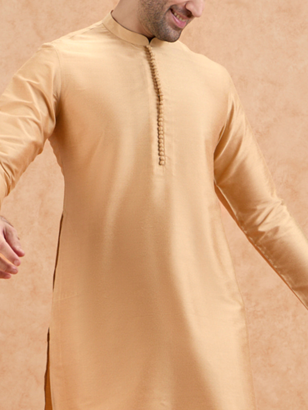 Golden Poly Silk Solid Mid Kurta For Men | SHOBITAM