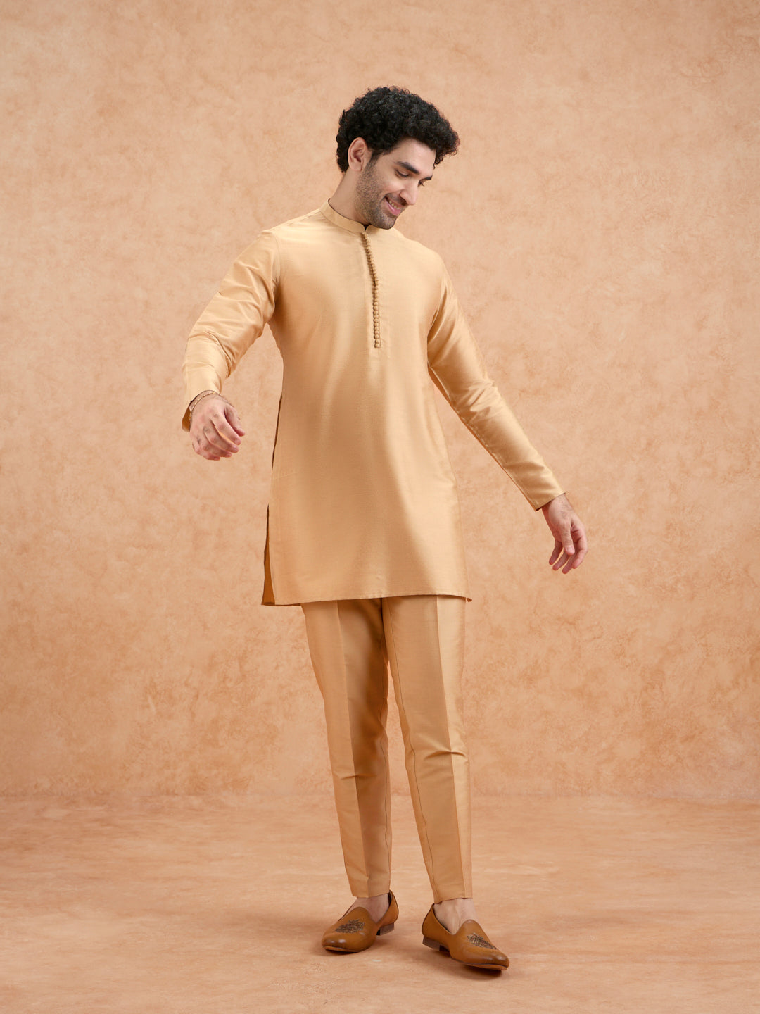 Golden Poly Silk Solid Mid Kurta For Men | SHOBITAM