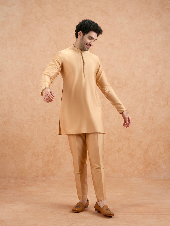 Golden Poly Silk Solid Mid Kurta Trouser Set | SHOBITAM