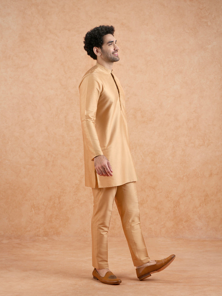 Golden Poly Silk Solid Mid Kurta Trouser Set | SHOBITAM