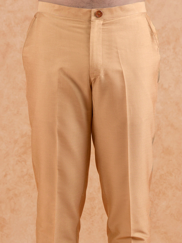 Golden Poly Silk Solid Mid Kurta Trouser Set | SHOBITAM