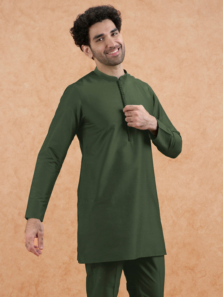 Olive Green Poly Silk Solid Mid Kurta For Men | SHOBITAM