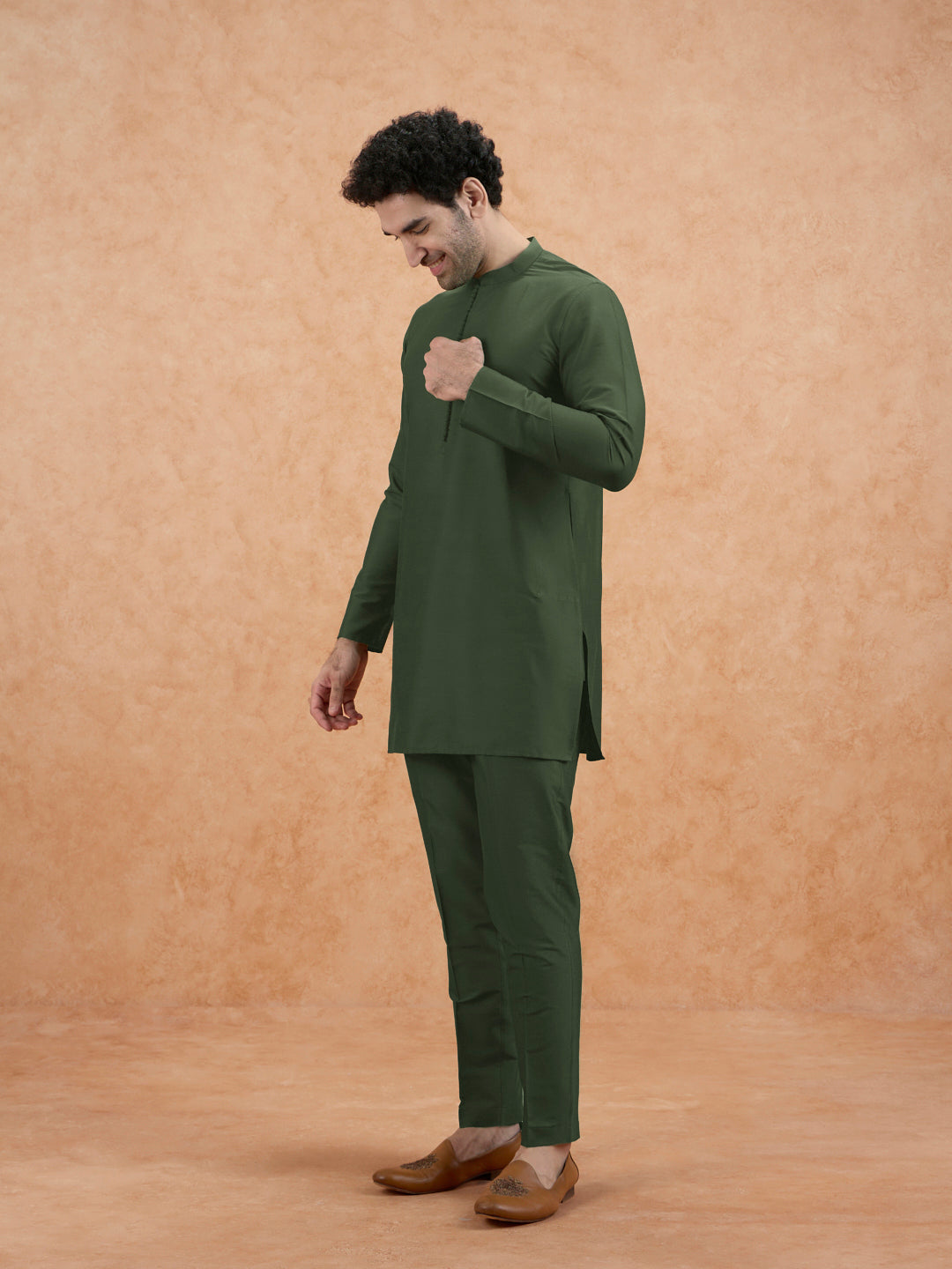 Olive Green Poly Silk Solid Mid Kurta For Men | SHOBITAM