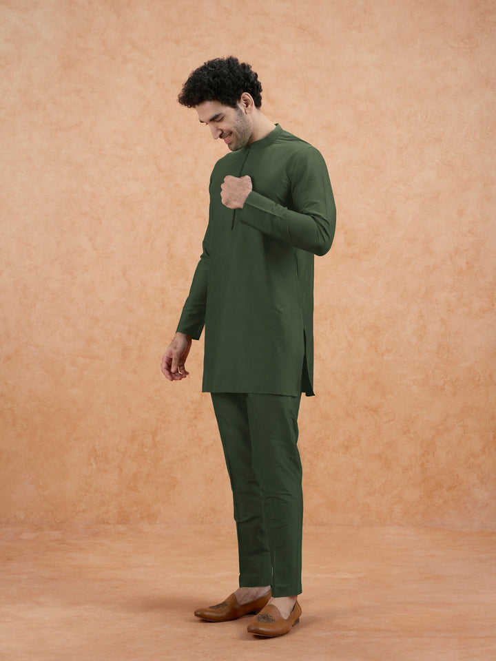Olive Green Poly Silk Solid Mid Kurta For Men | SHOBITAM