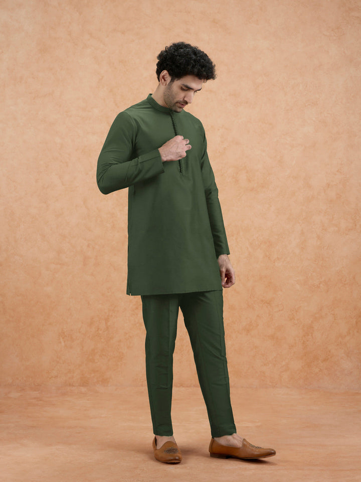 Olive Green Poly Silk Solid Mid Kurta For Men | SHOBITAM