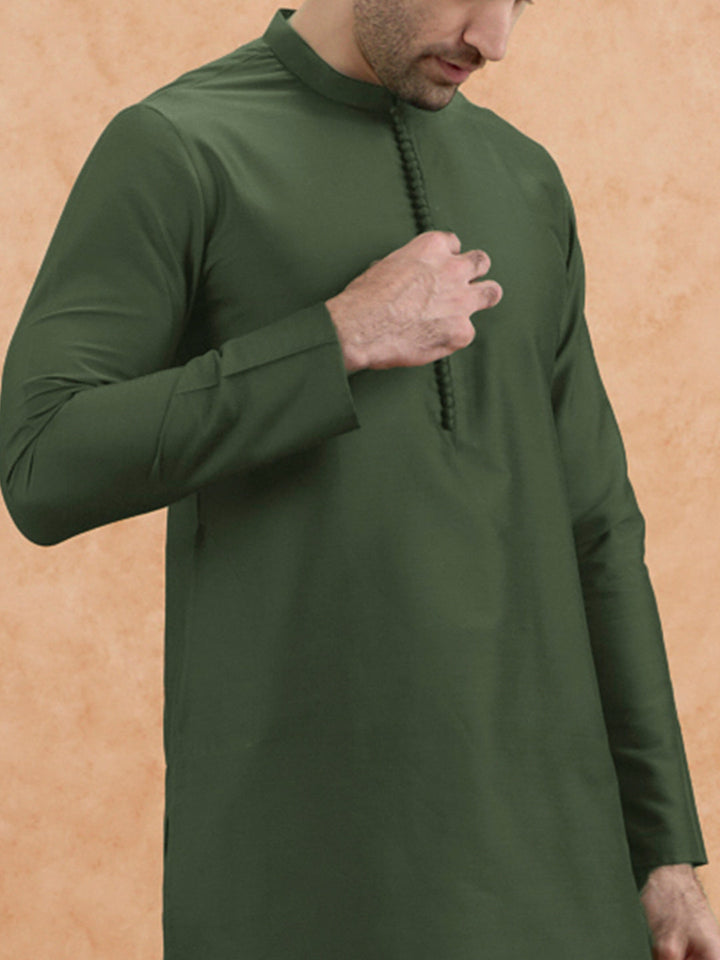 Olive Green Poly Silk Solid Mid Kurta For Men | SHOBITAM