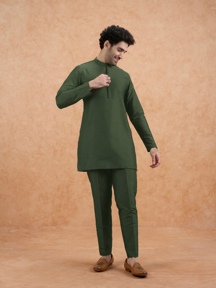 Olive Green Poly Silk Solid Mid Kurta For Men | SHOBITAM