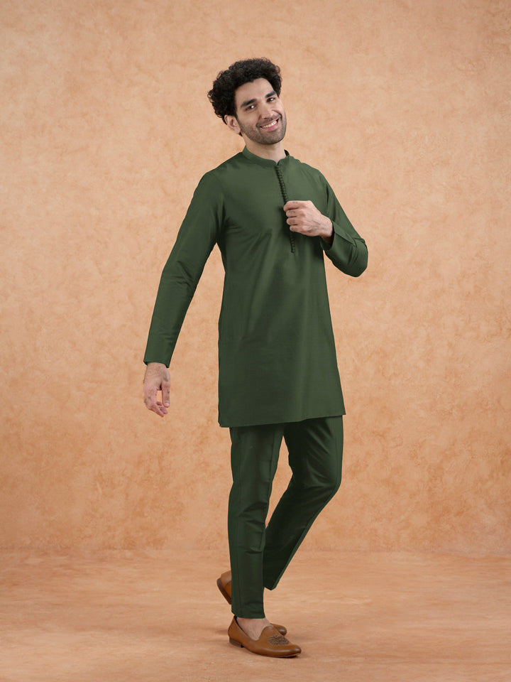 Olive Green Poly Silk Solid Mid Kurta For Men | SHOBITAM