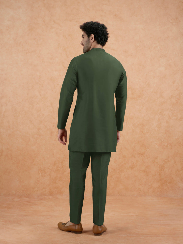 Olive Poly Silk Solid Kurta Trouser Set | SHOBITAM