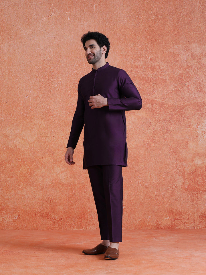 Purple Silk Blend Solid Mid Kurta For Men | SHOBITAM