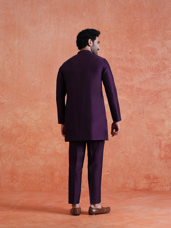 Purple Silk Blend Solid Mid Kurta For Men | SHOBITAM