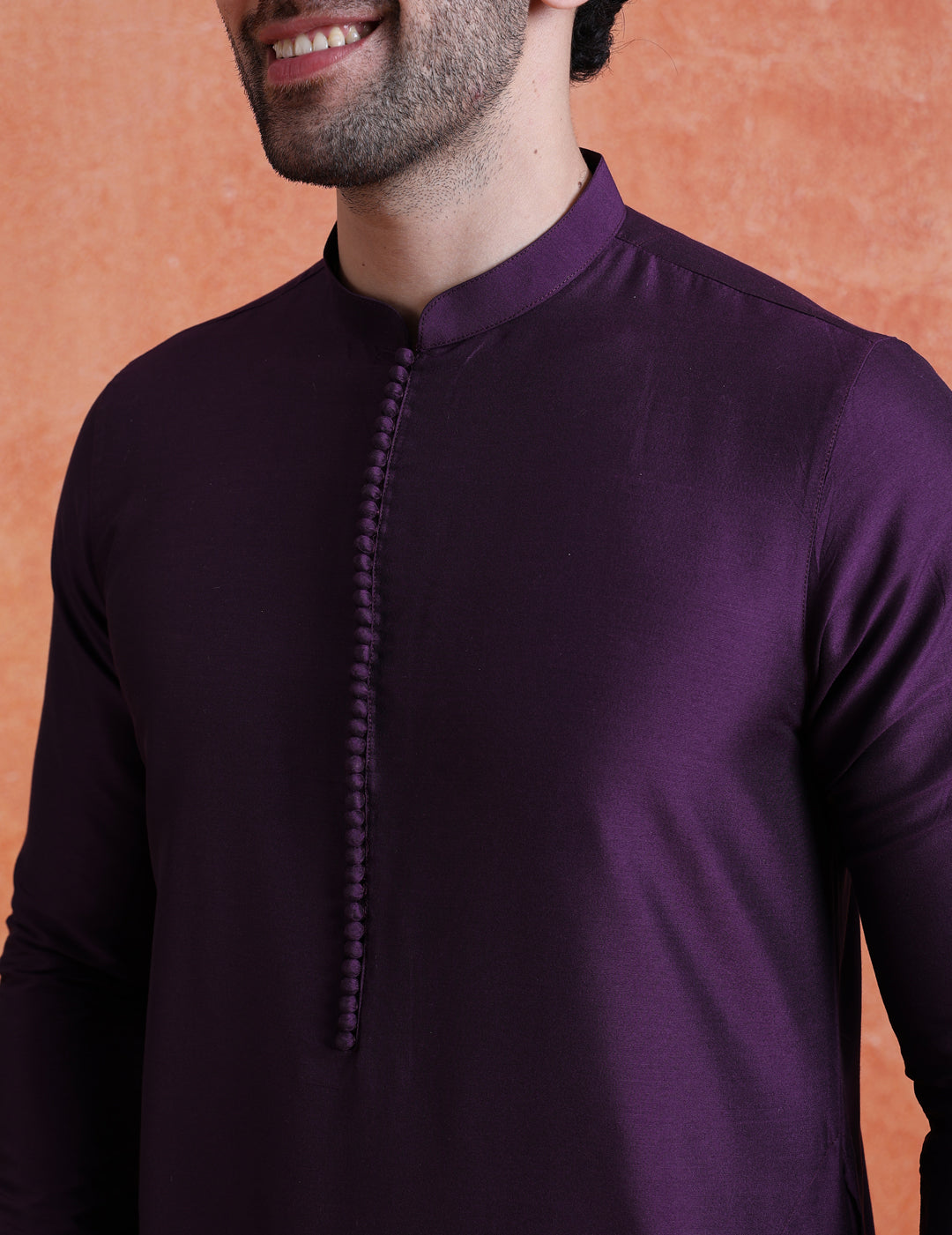 Purple Silk Blend Solid Mid Kurta For Men | SHOBITAM