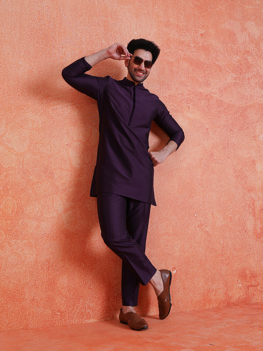 Purple Silk Blend Solid Mid Kurta For Men | SHOBITAM